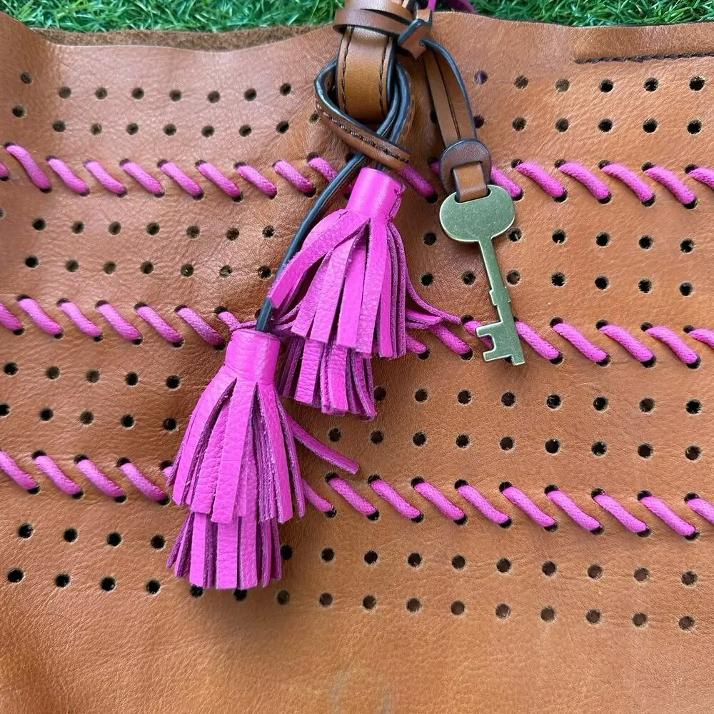 Vintage Fossil Rachel Large Tot Brown Whipstitched Leather Tassels Bag Key Pouch